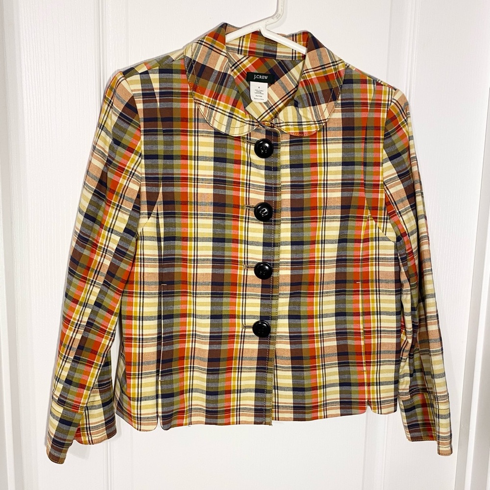 Y2K J.Crew Plaid Cropped Blazer Jacket Fish Print Collar Vintage Size 6